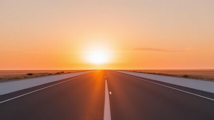 Fototapeta premium Long Straight Open Road Leading Towards the Horizon with a Beautiful Sunset Sky and Warm Color Tones, Expressing Travel Adventure and Scenic Wilderness Journey