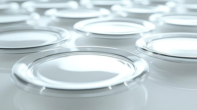 A minimalist arrangement of transparent, curved glass panels laid out in a grid pattern on a soft gradient background.