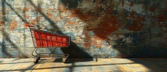 Empty red shopping cart sits alone casting shadows against weathered brick wall and wood floor.