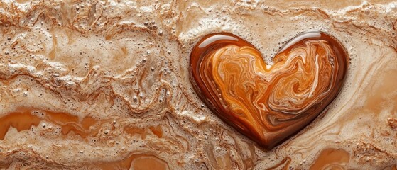 Heart shaped object floats in swirling, frothy liquid, exhibiting smooth and fluid movements.