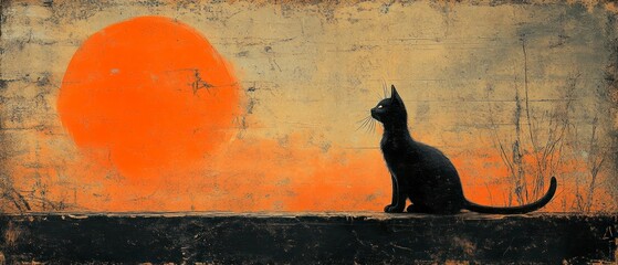 Black cat sits contemplatively against bright sunset, creating silhouette.