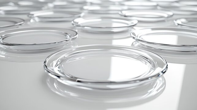 A minimalist arrangement of transparent, curved glass panels laid out in a grid pattern on a soft gradient background. - Powered by Adobe