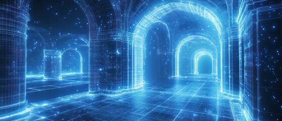 Wireframe hallway uses digital rendering showcasing futuristic interior design featuring interconnected grid structure with glowing elements, creating immersive virtual space.