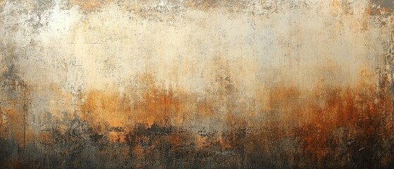 Abstract painting features weathered surface, presenting a rustic, aged appearance with layers of beige, brown, black and grey, creating a distressed, vintage aesthetic.