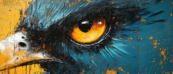 Eagle eye stares intently, showcasing artistic painting with bold colors and intricate details.