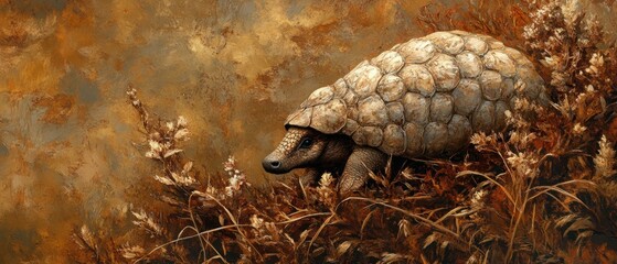 Armadillo moves through sunlit tall grass, appearing serene.