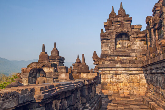 Borobudur, Java, Indonesia - 24 February 2023: Ancient ruins of Borobudur, a 9th-century Mahayana Buddhist temple in Magelang Regency near Yogyakarta in Central Java, Indonesia..