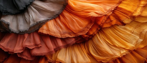 Flamenco dress reveals rich layers of ruffles, cascading in warm color gradation, lace trim enhances elegant texture.
