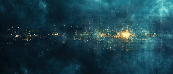 Abstract image showcases digital city, appearing like golden glow amidst dark sky, representing artificial intelligence and futuristic technology.