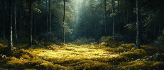 Forest showcases dense trees and thick moss illuminated by sunbeams.