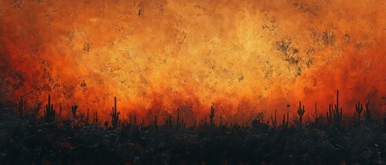 Silhouette of cactus stands starkly against dramatic orange hued desert sunset, conveying desolate yet captivating wilderness.