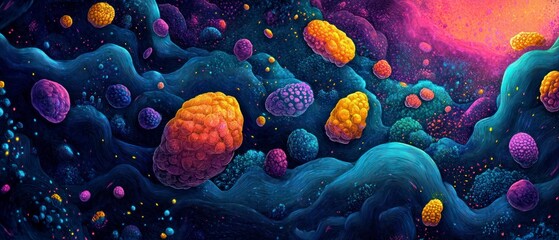Microscopic organisms float through an abstract cellular landscape, showcasing vibrant colors and intricate biological designs.