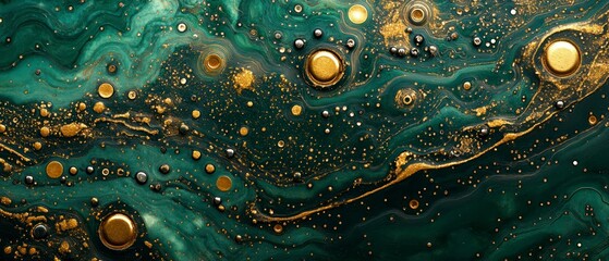 Abstract fluid art showcases marbling, creating swirling patterns in shades of green and gold.