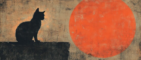 Black cat sits silhouetted on ledge, observing large orange circle against textured backdrop, creating mysterious ambiance.