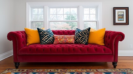 Elegant Room Interior with Red Tufted Sofa, Colorful Pillows, Window Views, and Artistic Wall Decor.