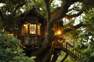 Fototapeta premium A secluded wooden treehouse in the heart of a lush forest glows softly as sunlight pierces the canopy, creating a serene and natural refuge