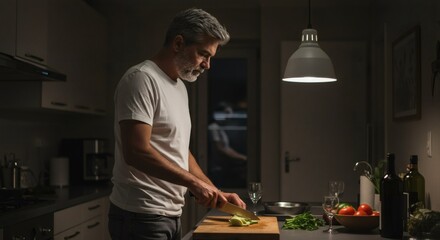 Man with gray hair preparing food in a dimly lit kitchen with wine and tomatoes on the counter top