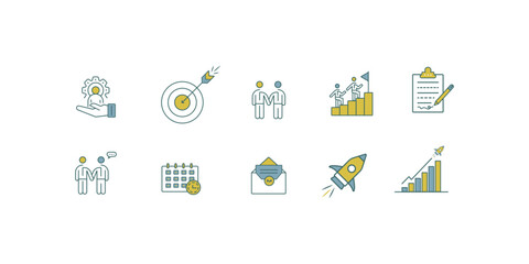 Business, Marketing and Human Resources Vector Icon Set Flat Line Style with Target, Growth, Email, Rocket