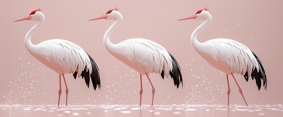 Obraz premium Three Elegant Cranes in a Pastel Setting