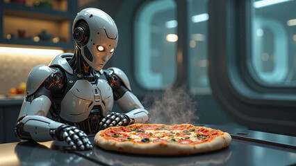 Humanoid Robot Gazing at Steaming Pizza in Futuristic Kitchen – AI Meets Human Culture