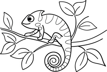 Obraz premium Chameleon On Branch Line Art Vector Illustration Coloring Book Design