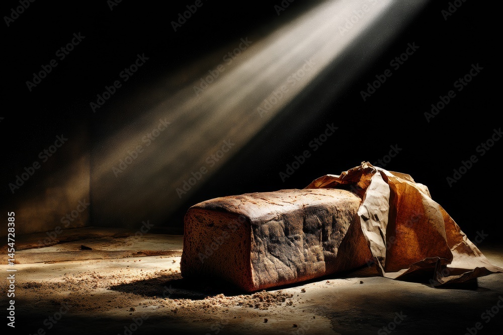 Leinwandbilder dramatic lighting highlights an extravagant loaf of bread resting on a rustic table in a dimly lit r