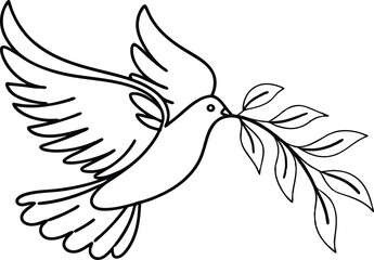 Dove Flying With Olive Branch Symbolizing Peace And Hope Black And White Line Art