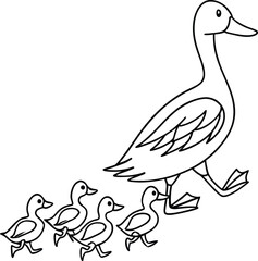 Duck Family Walking Line Art Cute Ducklings Following Mother Illustration