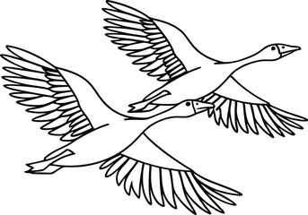 Two Geese Flying In Formation Black And White Outline Vector Illustration