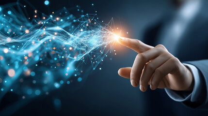 Innovative technology concept showcasing a human hand interacting with digital elements in a dynamic abstract environment