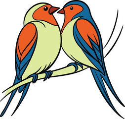 Two Colorful Swallow Birds Perched On Branch Vector Illustration Artwork