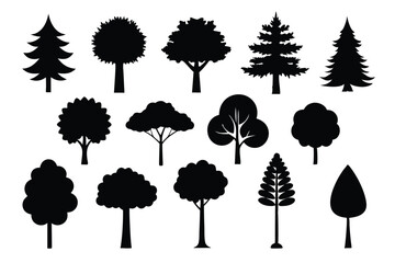 Fototapeta premium Tree Silhouettes Collection – Black Forest, Nature, and Botanical Icons Set