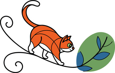 Playful Orange Cat Walking On Swirling Vine With Green Leaf Illustration