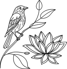 Ornamental Bird On A Branch With A Lotus Flower Line Art Design