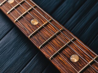 Close-up view of a wooden guitar neck with fretboard.