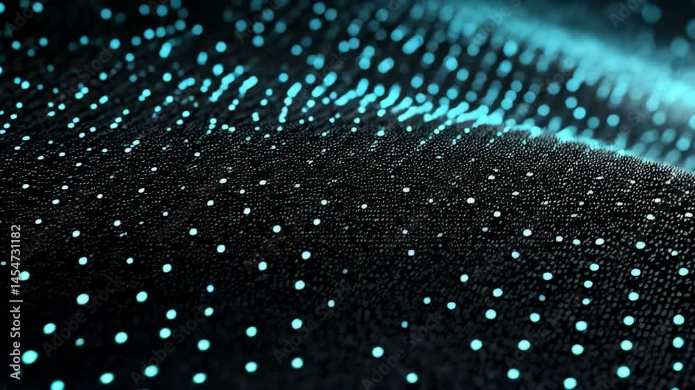 Poster abstract dark texture with glowing blue dots creating a smooth, flowing wave pattern for a futuristi