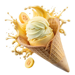 A close-up of a banana ice cream cone with a splash of liquid. isolated on transparent background
