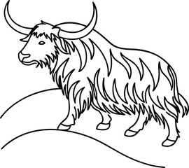 Line Art Illustration Of A Yak On A Hill In Black And White