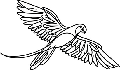 Elegant Macaw Parrot Flying Illustration In Simple Black Outline Style