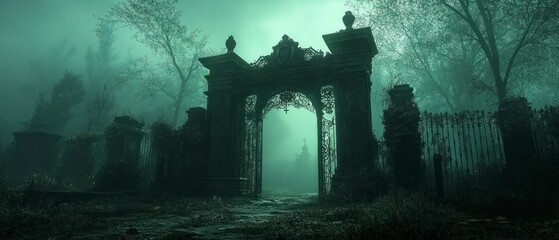 Cemetery gate stands shrouded within pervasive fog, creating distinctly eerie and mysterious atmosphere.