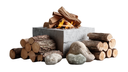 Cozy Fire Pit: A comforting and inviting scene of a modern fire pit with burning wood, surrounded by stacked logs and natural stones, perfect for outdoor relaxation and warmth.