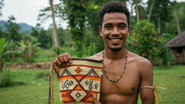 A young man proudly displays a colorful handmade bag in his village amid nature