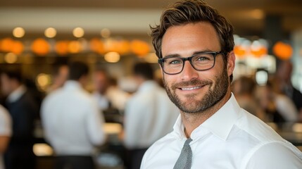Fototapeta premium Man smiling in collared shirt in busy, blurry setting