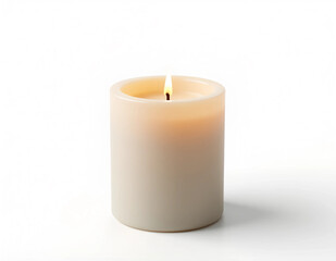 Minimalistic candle with a warm glow on an isolated white background, perfect for home decor, wellness themes, and relaxation. Ideal for creating a peaceful atmosphere and enhancing ambiance.