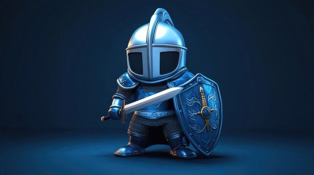 cartoon knight in shining armor, holding a sword and shield, isolated on a white background