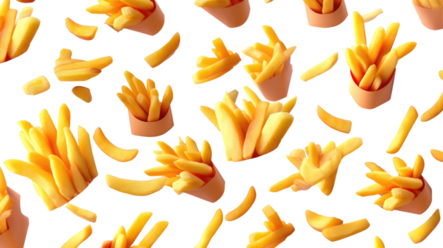 Golden Fries Feast: An enticing top-down view, a tasty composition of appetizing French fries arranged creatively for a visual treat, perfect for food and snack themes.