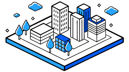 Modern city skyline isometric illustration vibrant blue and white buildings simple design clean