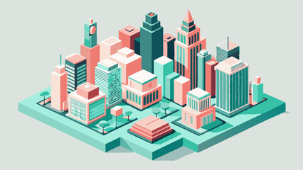Charming isometric city illustration pastel pink teal buildings vibrant urban landscape modern