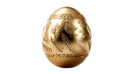 Golden Egg of Spring: A radiant golden egg, adorned with intricate floral and bird motifs, gleams with opulence and whispers of the season's fresh beginnings and celebrations.