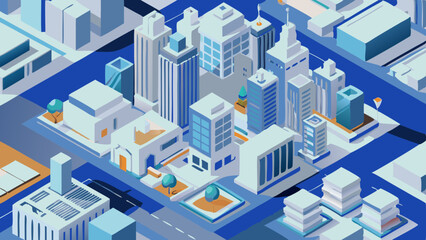 Stunning isometric city illustration vibrant blues whites modern architecture detailed cityscape